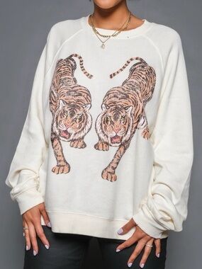 Show Me Your MuMu Simon Dancing Tiger Distressed Crewneck Sweatshirt Cream Large